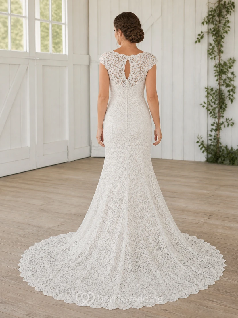 Vestido de novia de encaje estilo catedral con escote en V festoneado y mangas cortas, corte sirena y mangas modestas view 2