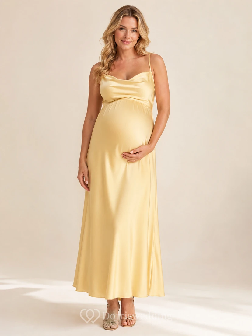 Daffodil Maternity Cowl Neck Spaghetti Strap Satin Empire Ankle Evening Dress