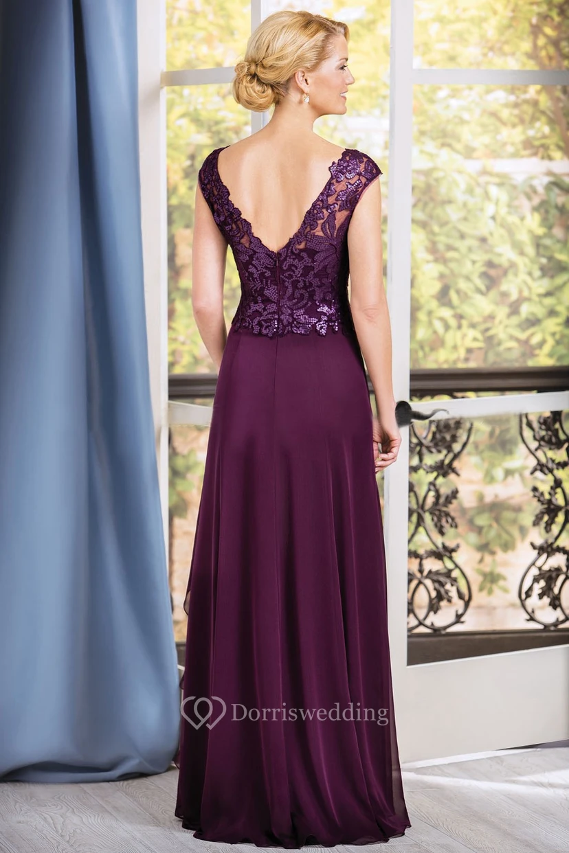 Cap-Sleeved V-Neck Long Mother Of The Bride Dress With Ruffles And V-Back view 2