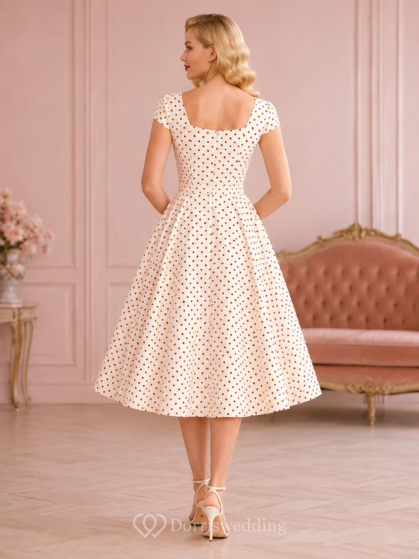 Polka Memory Ivory A-Line Tea-Length Square Short-Sleeve Satin Vintage Guest Dress view 2