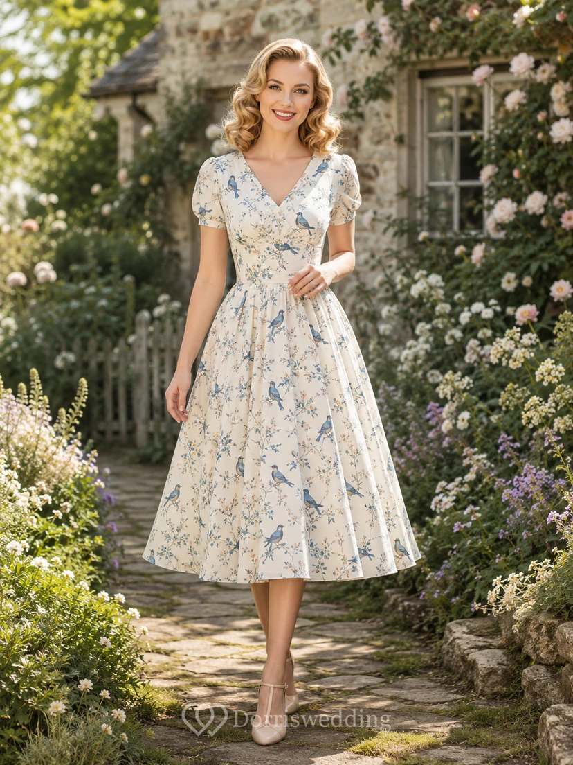 Vintage Bird Print V-Neck Short Sleeve A-Line Tea Dress