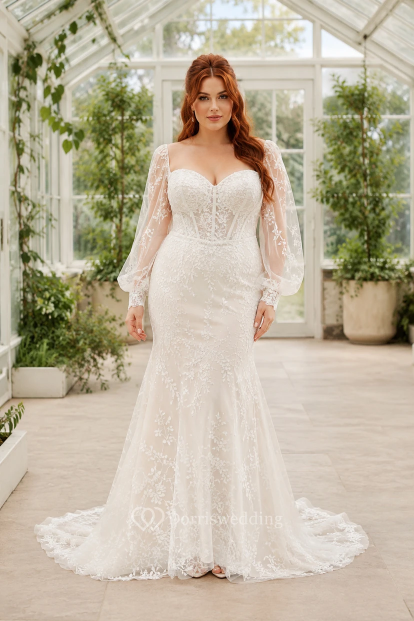 Robe de mariée sirène en dentelle à manches longues et épaules dénudées, grande taille