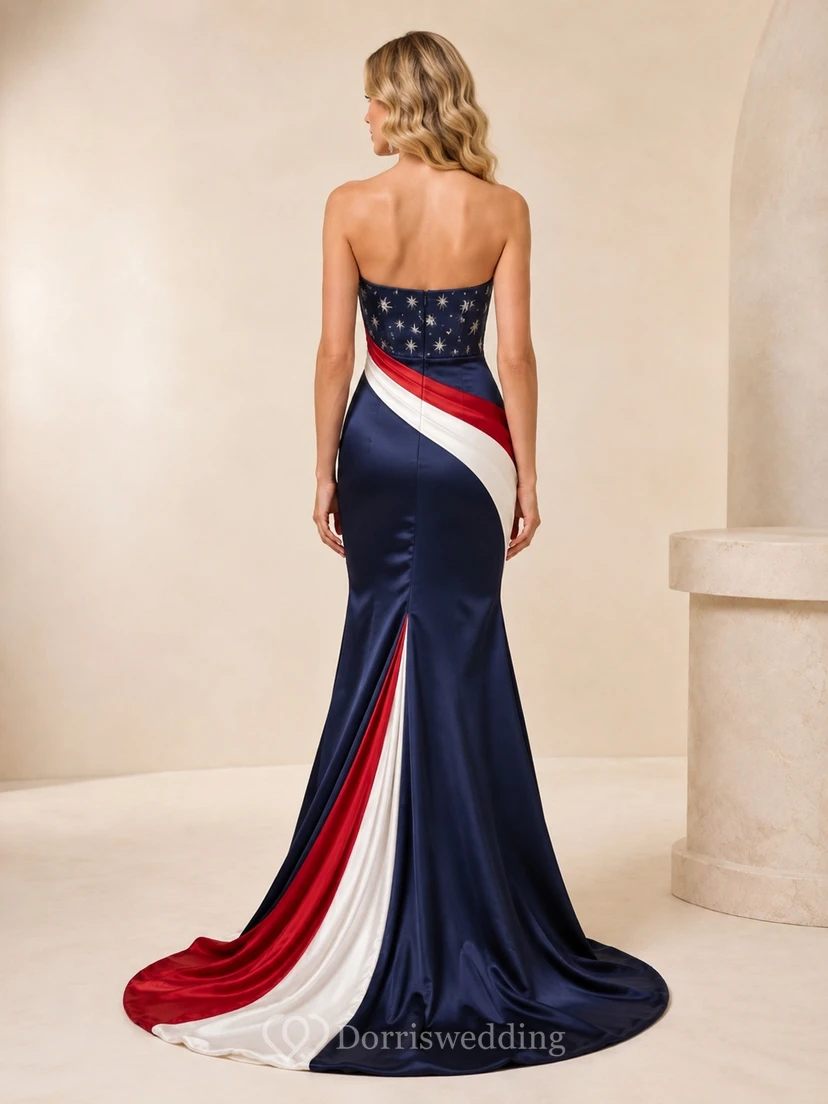Dark Navy Strapless Sleeveless Beaded Satin Mermaid Floor-length Sweep Draped Luxury Formal Gown view 2