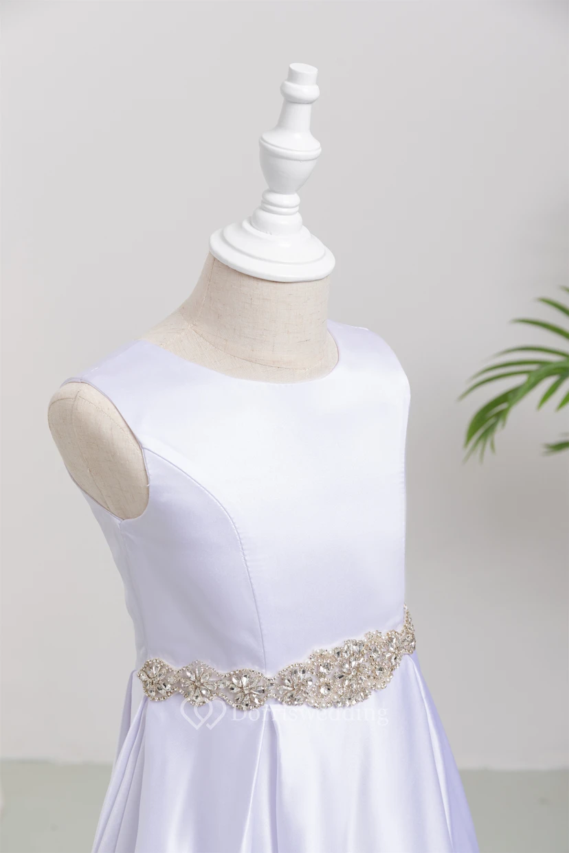 Satin Scoop-neck Sleeveless Solid Flowergirl Dress with Beaded Waist view 6