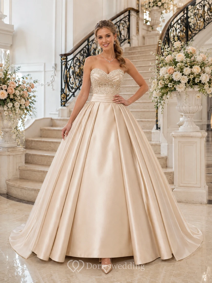 Vestido de fiesta de satén color champán, sin tirantes, con escote corazón, bordados y cola larga, estilo princesa.