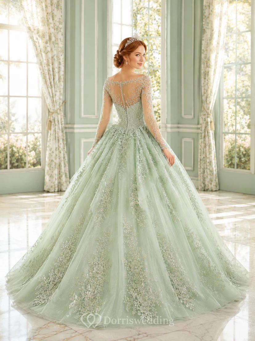 Sage Illusion Lace Tulle Quinceanera Ball Gown Dress view 2