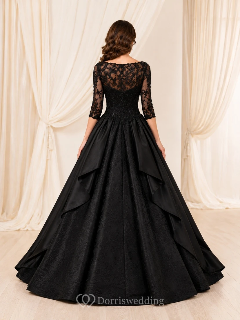 Black Bateau Neck Three-Quarter Sleeve Lace Taffeta Ball Gown Prom Dress view 2