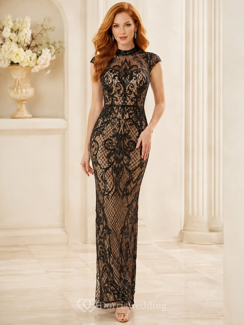 Black Nude High Neck Short Sleeve Lace Sheath Floor-length Formal Dress