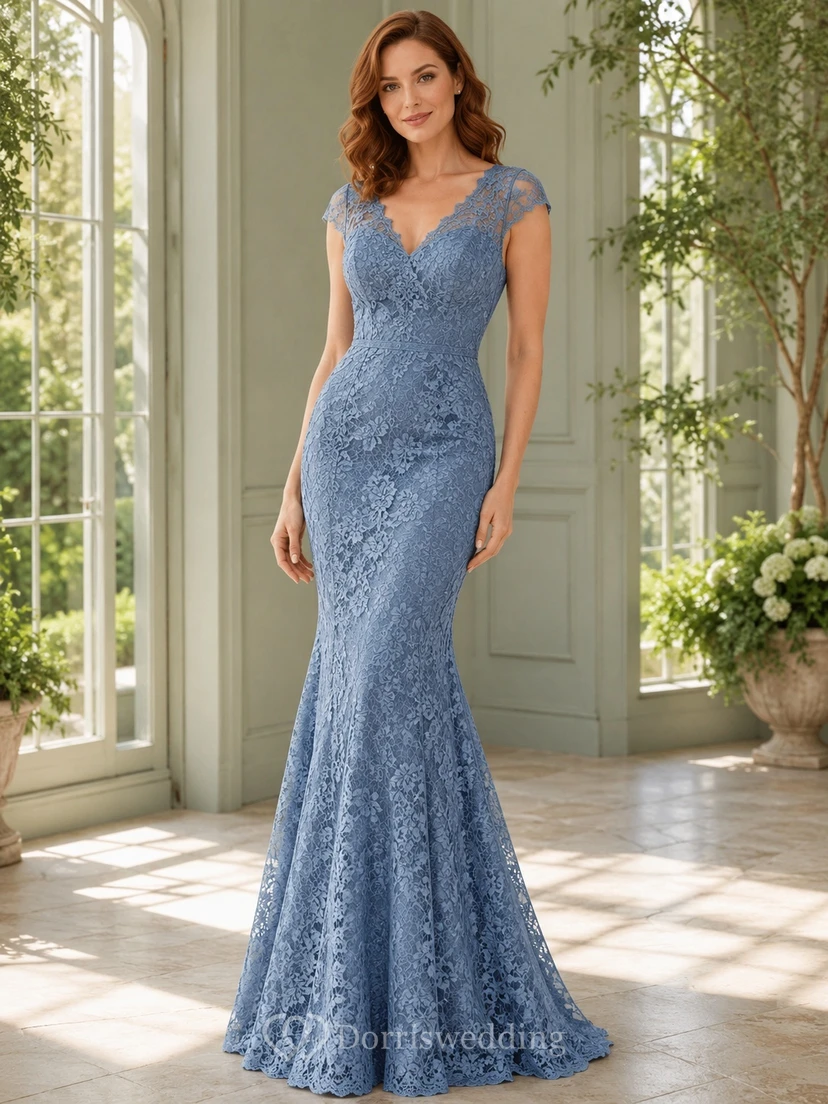 Slate Blue Scoop Neck Short Sleeve Lace Mermaid Sweep Train Formal Gown