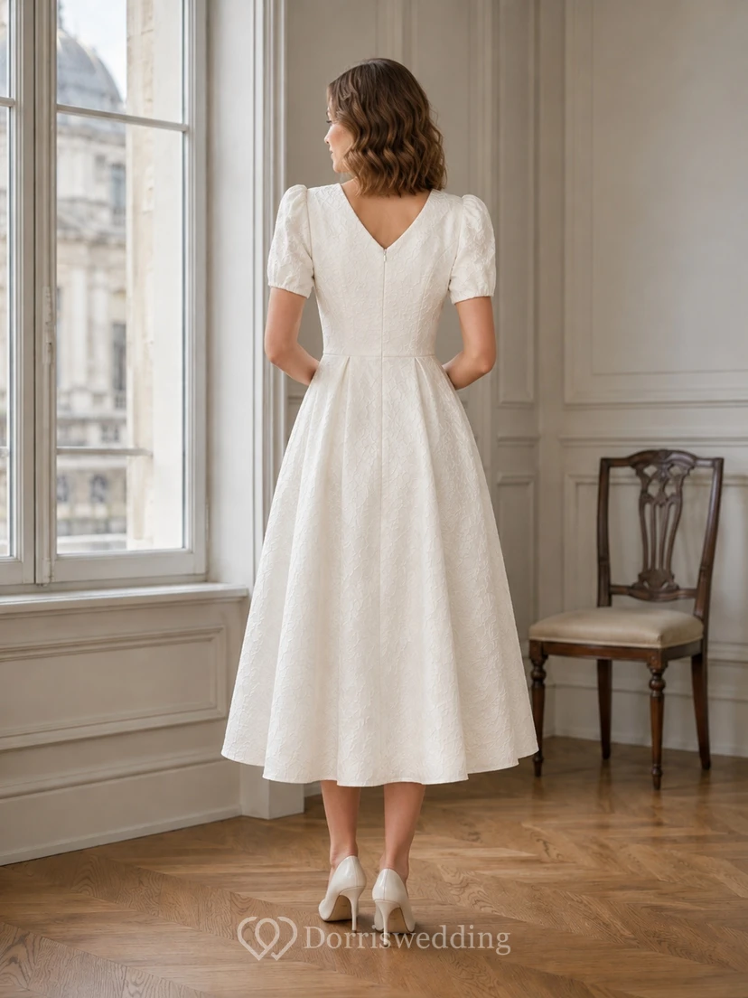 Courthouse Spitzen-Brautkleid mit kurzen Ärmeln, V-Ausschnitt, Vintage-Stil, schlichter A-Linien-Schnitt, Teelänge view 2