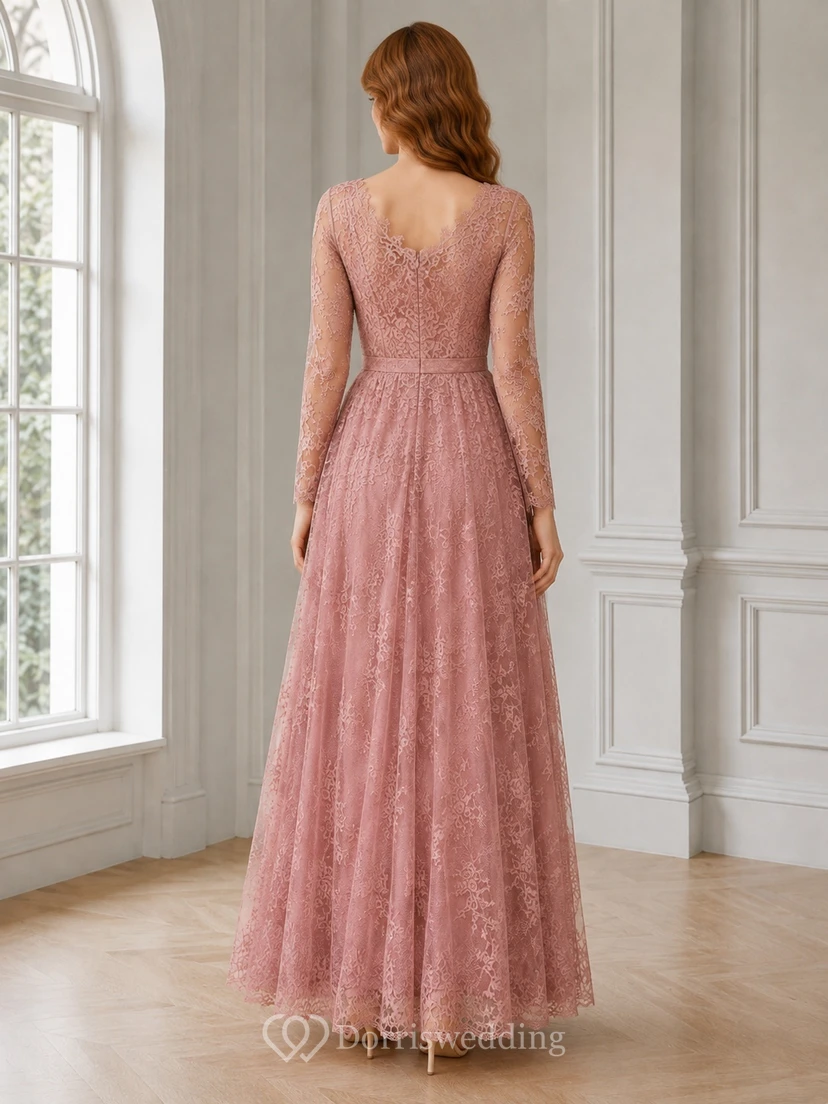 Dusty Rose Lace Jewel Neck Long Sleeve A-Line Floor-Length Romantic Bridesmaid Gown view 2