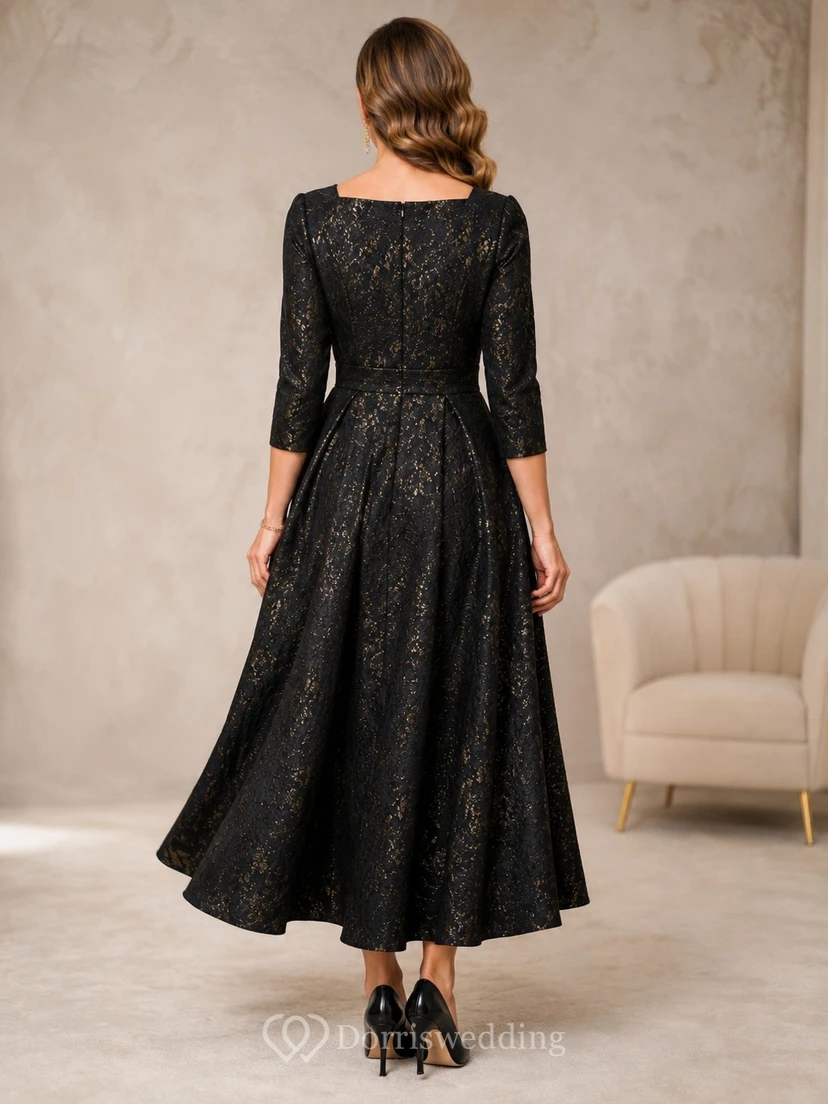Modest Black Gold Square Neck Three-Quarter Sleeve A-Line Tea-Length Dress view 2