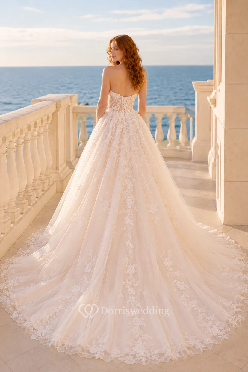 Applique Ball Gown Wedding Dress with Tulle Chapel Train view 2