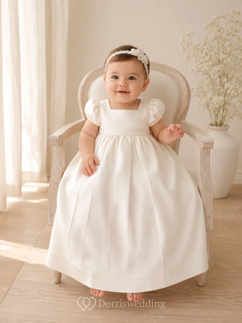 Minimalist Baby Baptism Christening Ceremony Gown A-Line Knee-Length Jewel Neck Puff Sleeve Satin Button Back