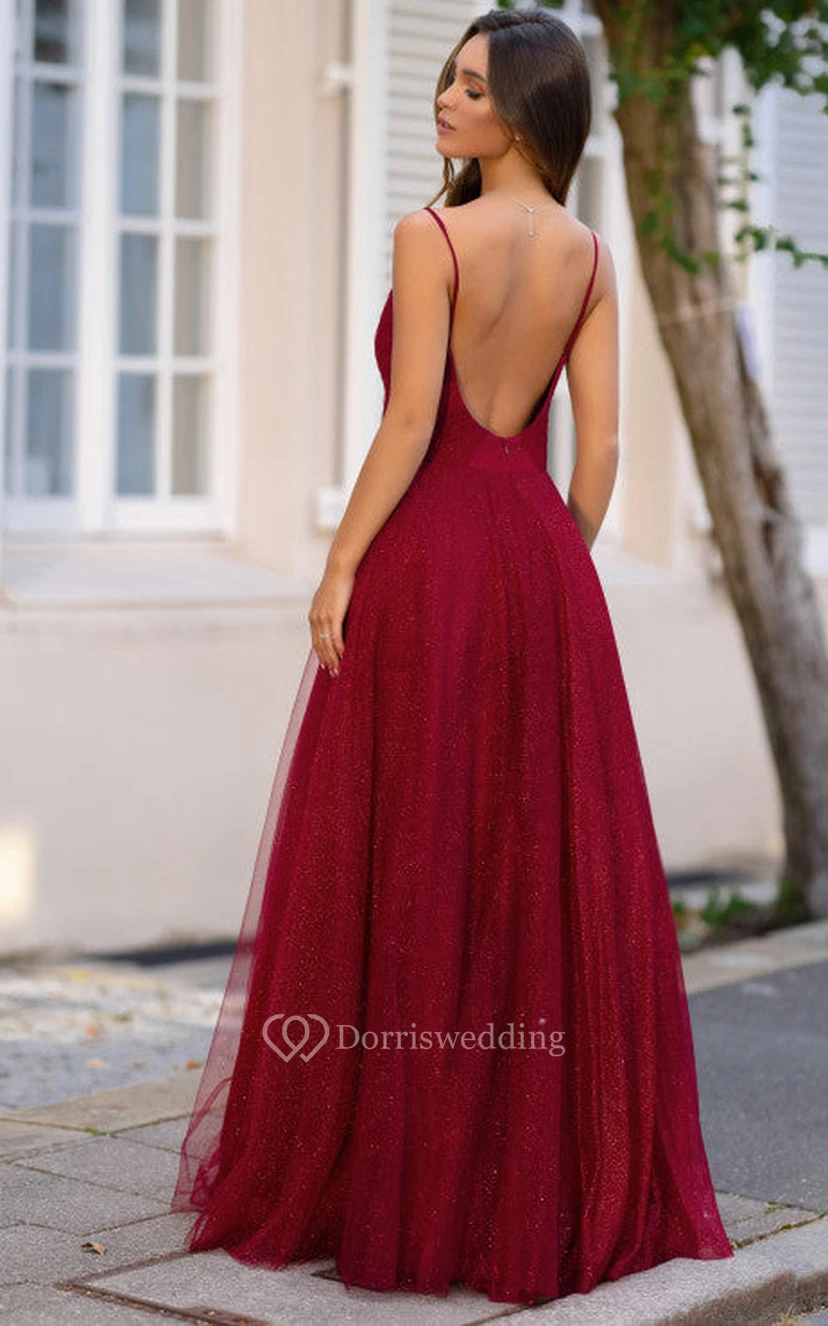 Robe de bal sexy sans manches, longue jusqu'au sol, coupe trapèze, en tulle, dos nu plongeant en V et fronces view 5