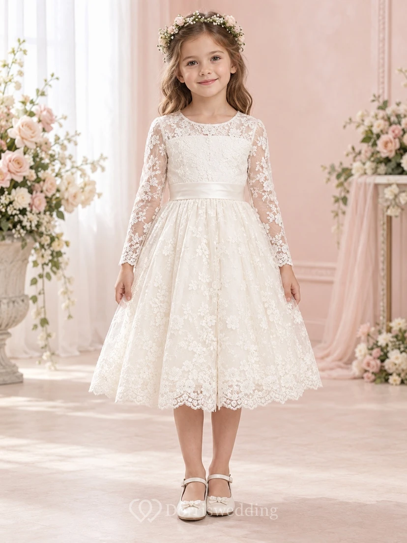 Vestido de niña de flores de manga larga, estilo modesto, color marfil, con estampado floral, corte en A y lazo en la espalda.