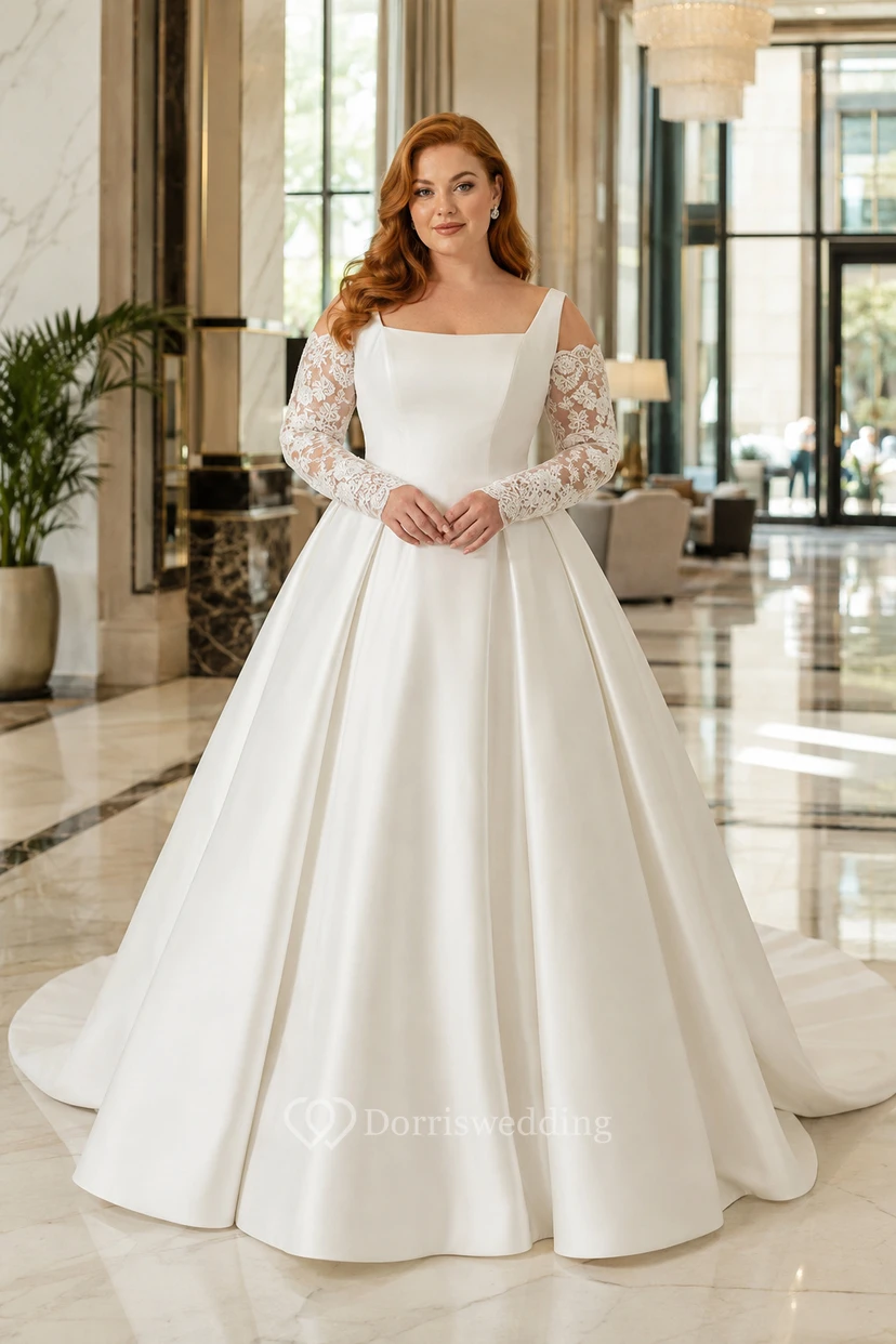 Robe de bal en satin à col carré pour mariée grande taille
