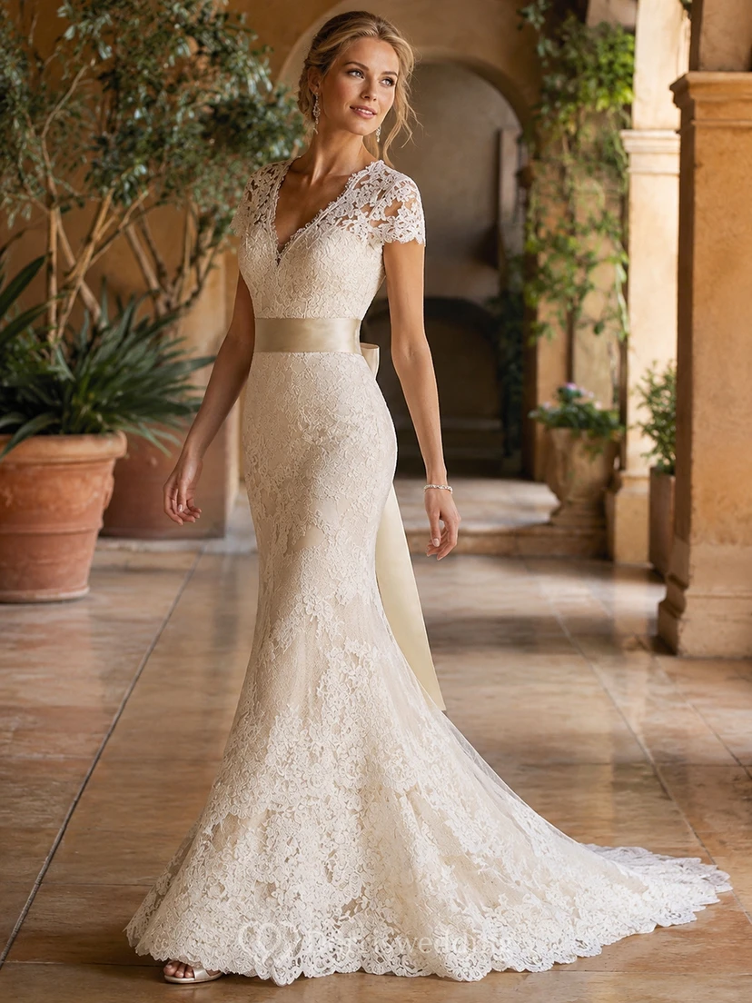 Robe de mariée sirène vintage en dentelle, décolleté en V, dos nu en forme de goutte, avec ceinture et fleur. view 5