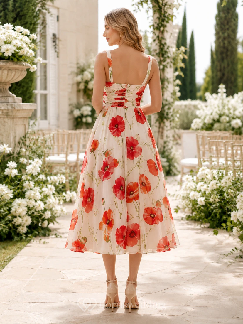 Ivory Red Poppy Square Neck Chiffon Midi Guest Dress view 2