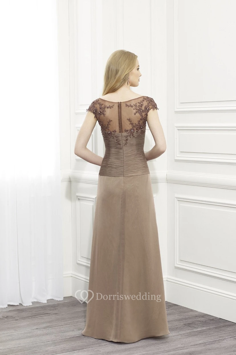 A-Line Long Appliqued Scoop Cap-Sleeve Chiffon Formal Dress With Illusion Back And Ruching view 2