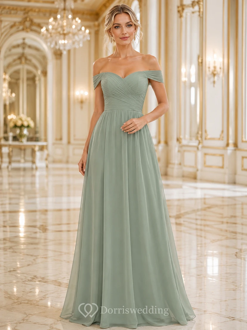 Formal Ballroom Sage Romantic Elegant A-Line Chiffon Bridesmaid Dress with Off Shoulder Sweetheart Short Sleeve Floor-Length Low Back