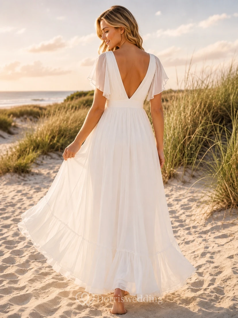 White Bohemian Chiffon V-Neck Petal-Sleeve A-Line Beach Evening Gown view 2