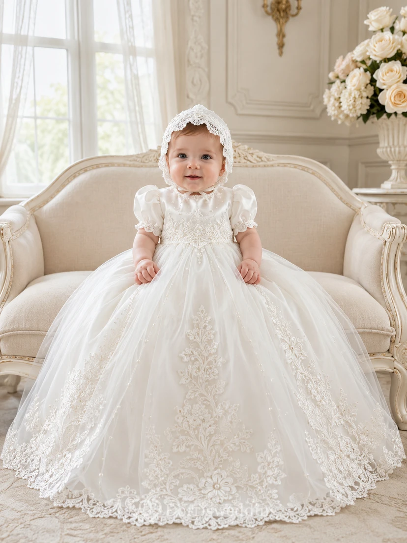 Regal Luxury Baby Baptism Christening Ceremony Gown Ball Gown Floor-Length Jewel Neck Puff Sleeve Tulle Lace Floral Applique Button Back
