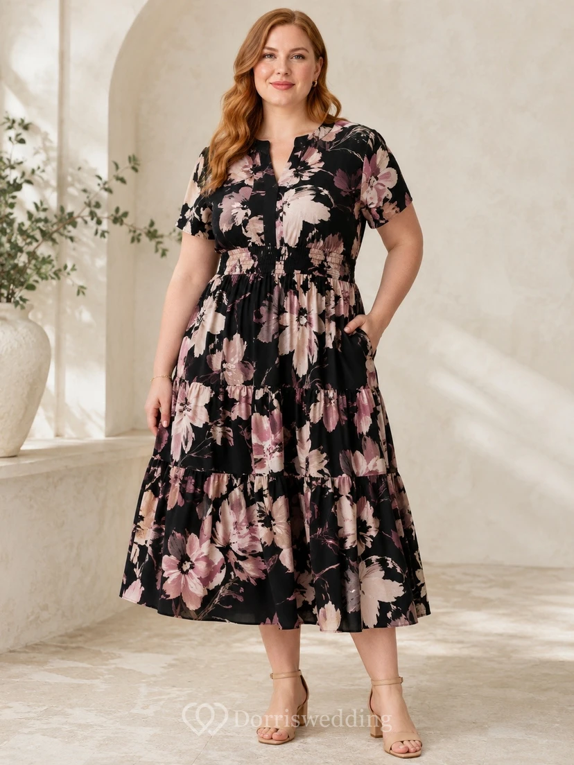 Floral Plus-Size Chiffon V-Neck Short-Sleeve A-Line Tea-Length Dress