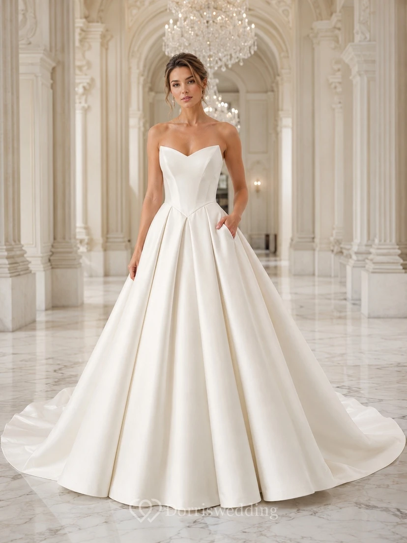 Satin Sweetheart Sleeveless Ball Gown Sweep Train Bridal Dress