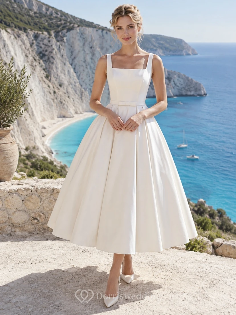 Vestido de novia sencillo de satén plisado, corte A, largo hasta la rodilla, estilo vintage, con escote cuadrado y sin mangas.