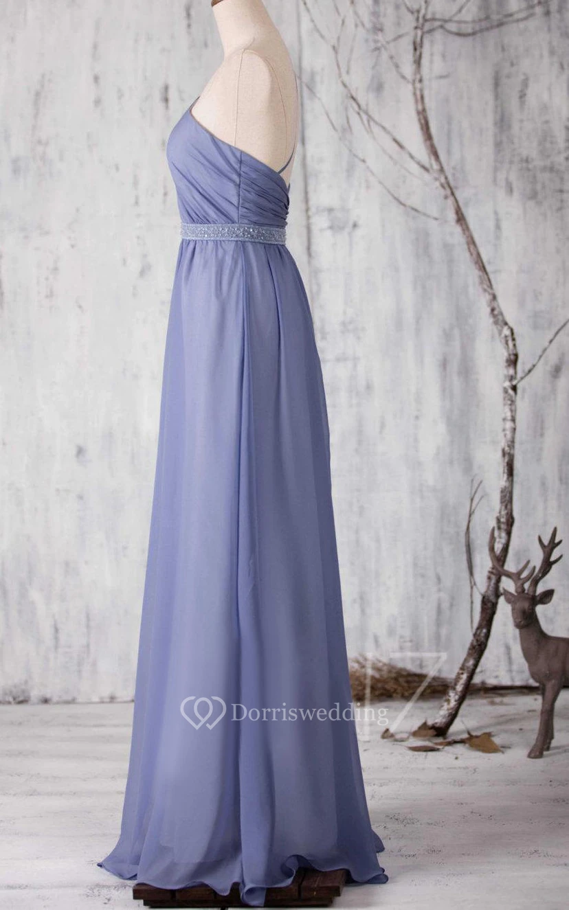 One Shoulder Criss Cross Bodice A-line Chiffon Long Dress With Beading view 3