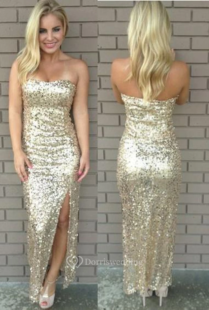 Precioso vestido de fiesta largo hasta el suelo, sin tirantes, con lentejuelas y abertura frontal, ¡en oferta! view 2