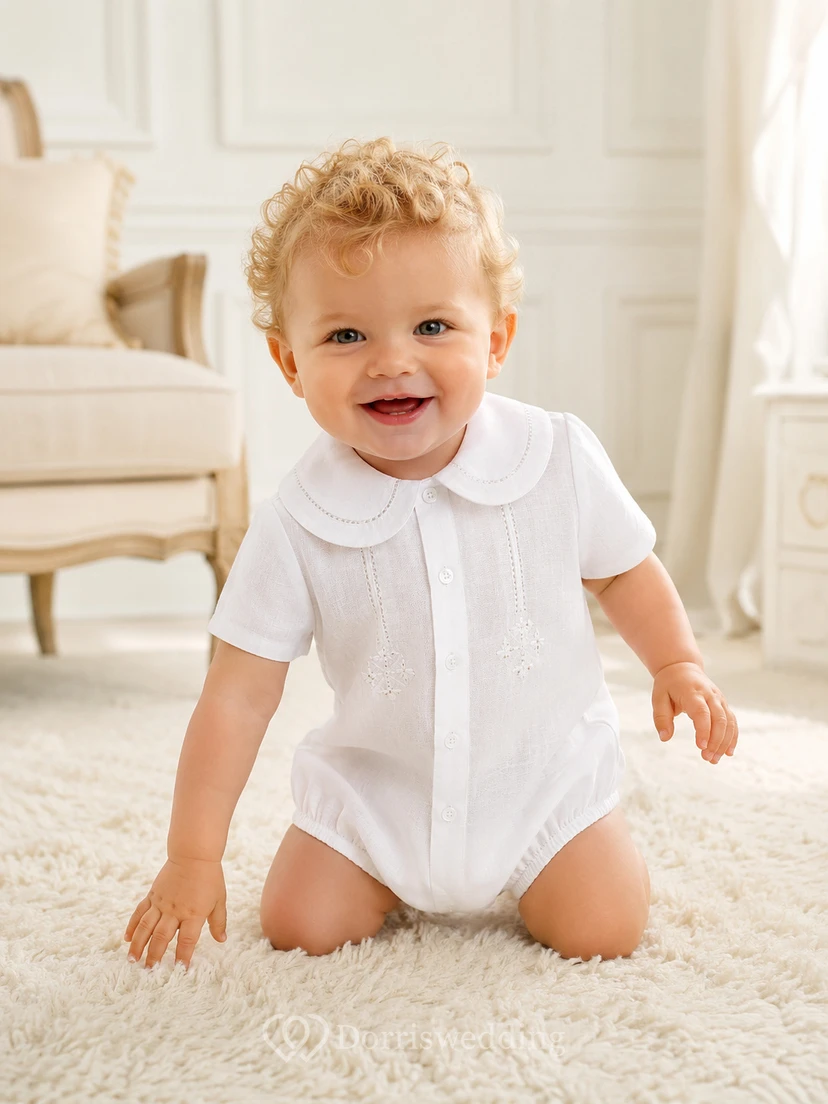 White Peter Collar Pleated Bib Short Sleeve Baptism Bubble for Baby Boy