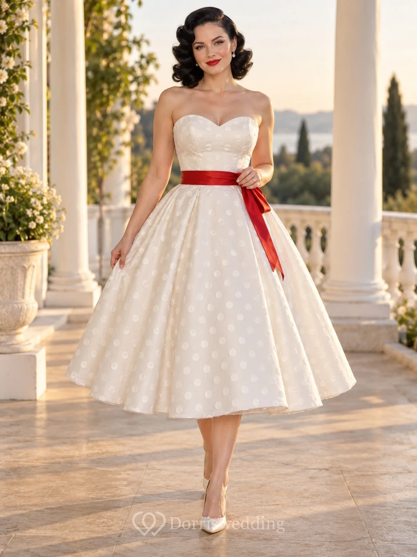 Trägerloses Rockabilly-Kleid mit roten Punkten und Schärpe in Teelänge und A-Linie
