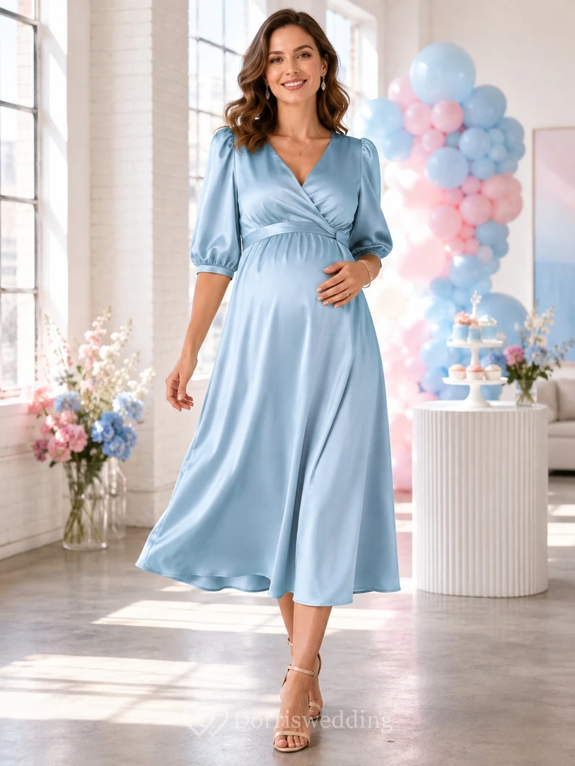 Maternity Sky Blue V-Neck Puff Sleeve Satin Empire Tea-Length Party Dress