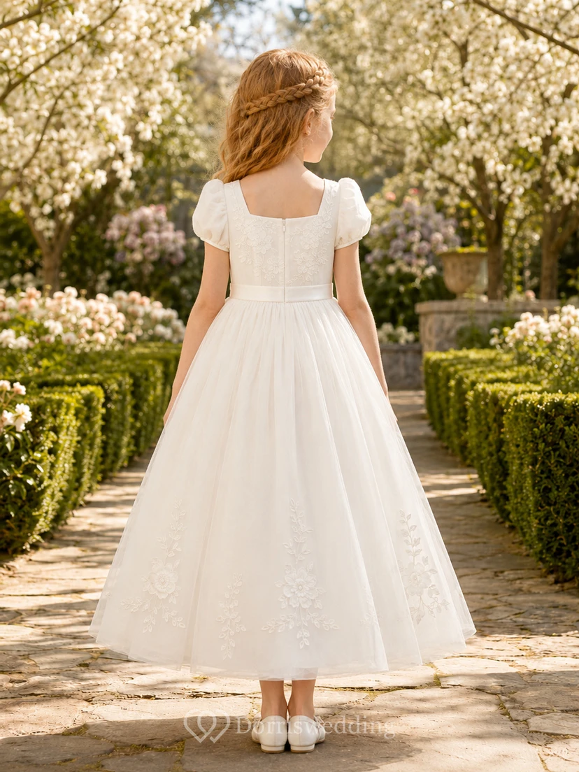 Vestido de niña de las flores, corte A, blanco, para Primera Comunión, con estampado floral y mangas con volantes. view 2