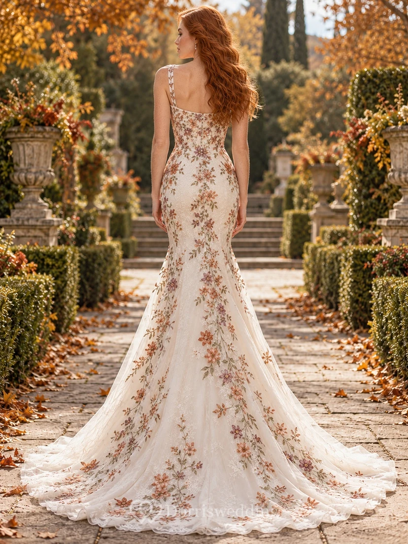 Square Neck Mermaid Autumn Floral Embroidered Strap Bridal Wedding Dress view 2