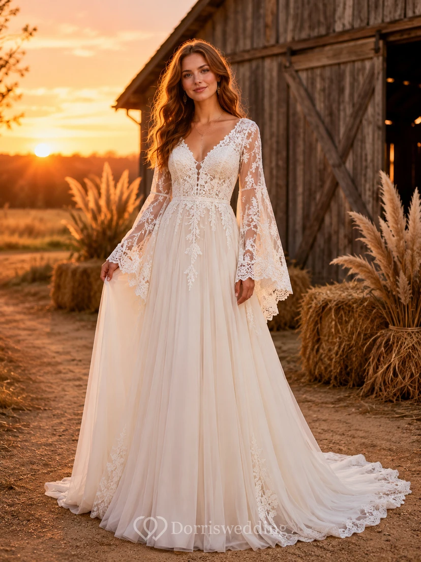 Fall Boho Off Shoulder Bell Sleeve A-Line Wedding Dress