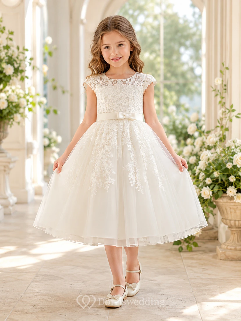 Elegant A-Line Flower Girl Lace Tulle Knee-Length Cap Sleeve Scalloped Neck Wedding Dress