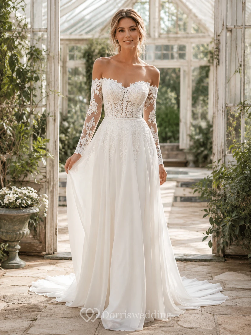 Boho Off Shoulder Long Illusion Lace Sleeve Chiffon A-Line Court Wedding Gown