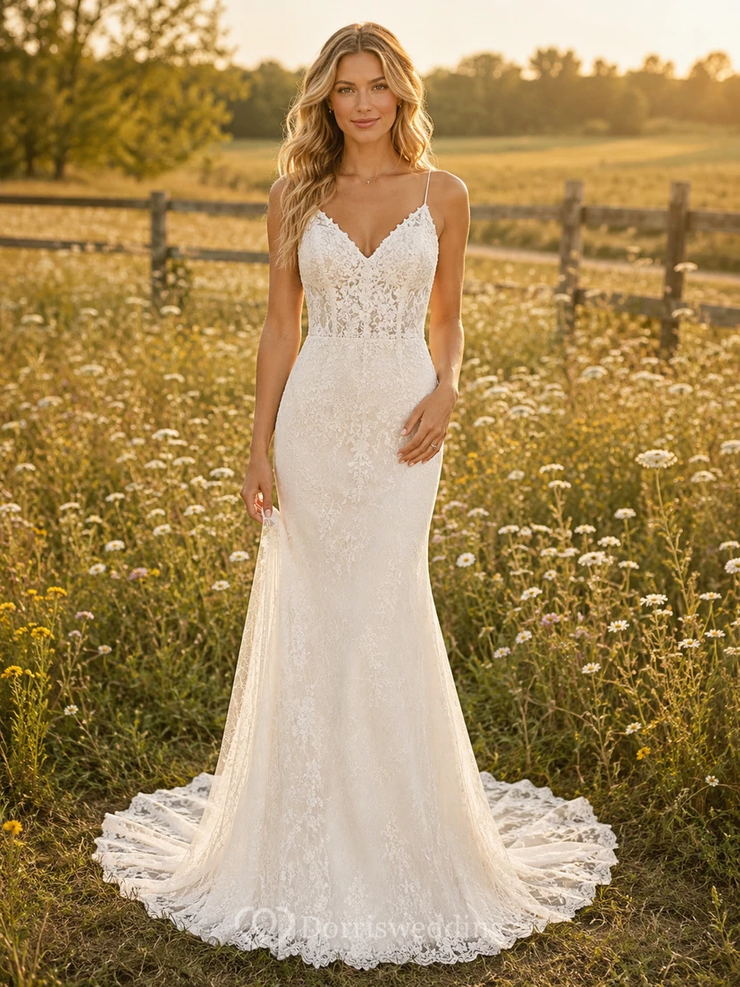 Vestido de novia de encaje campestre, estilo sirena, con tirantes finos, cola de capilla y espalda baja en V.