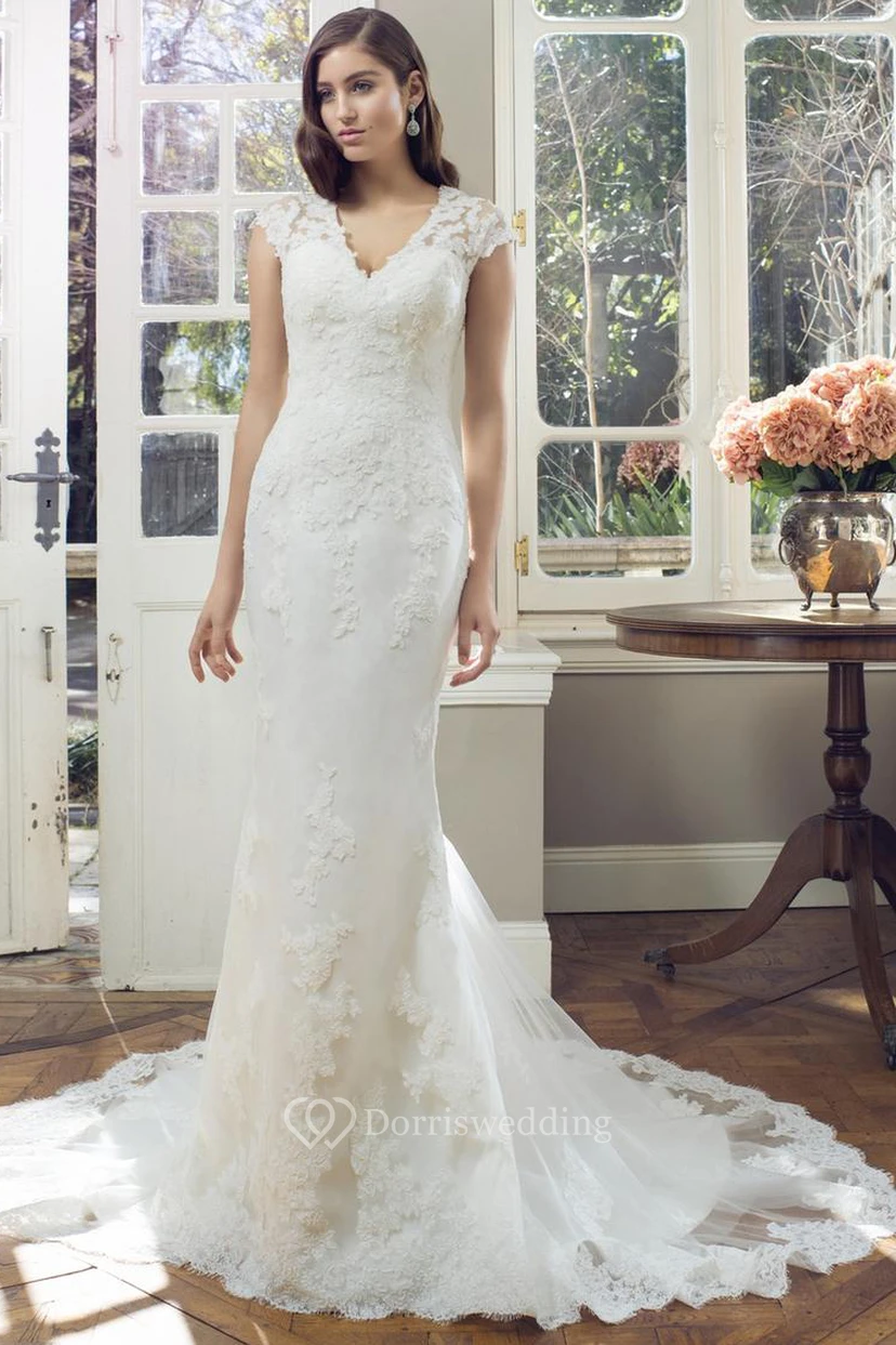 Sheath Cap-Sleeve V-Neck Lace Wedding Dress Styles With Illusion