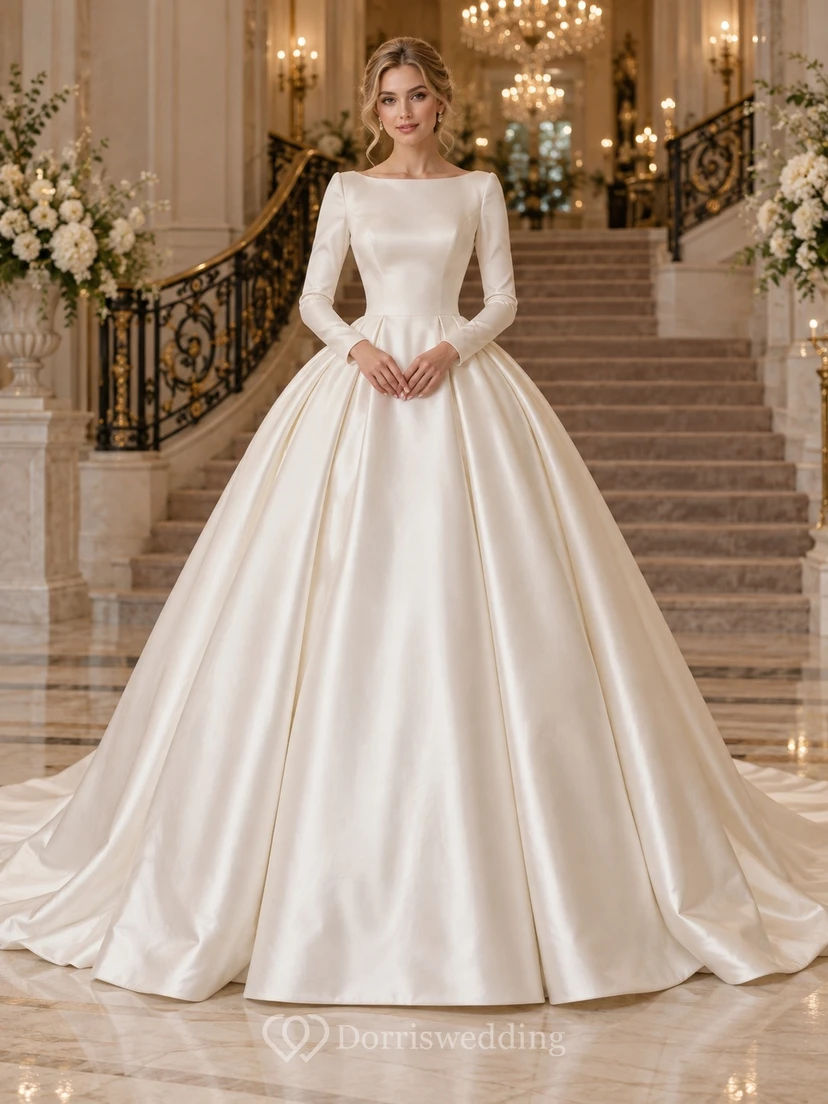 Modest Simple Long Sleeve Bateau Satin Ball Gown Wedding Dress