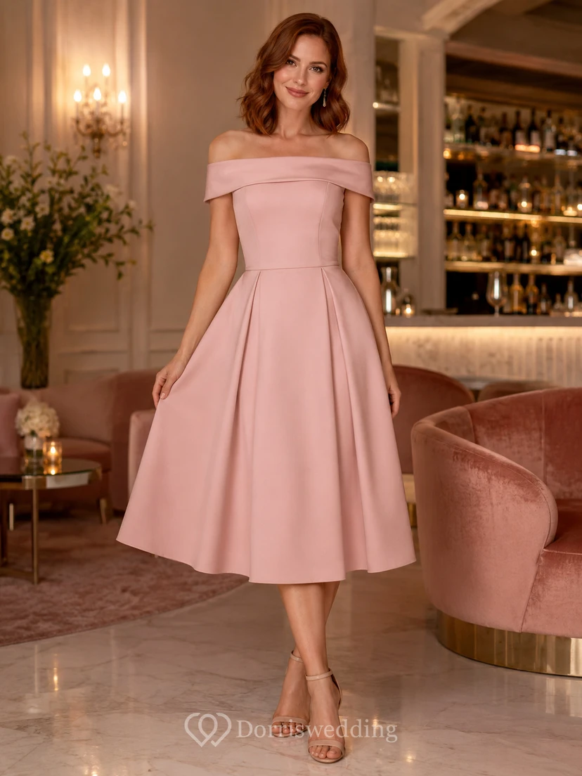 Dusty Rose Off Shoulder Satin A Line Cocktail Dress