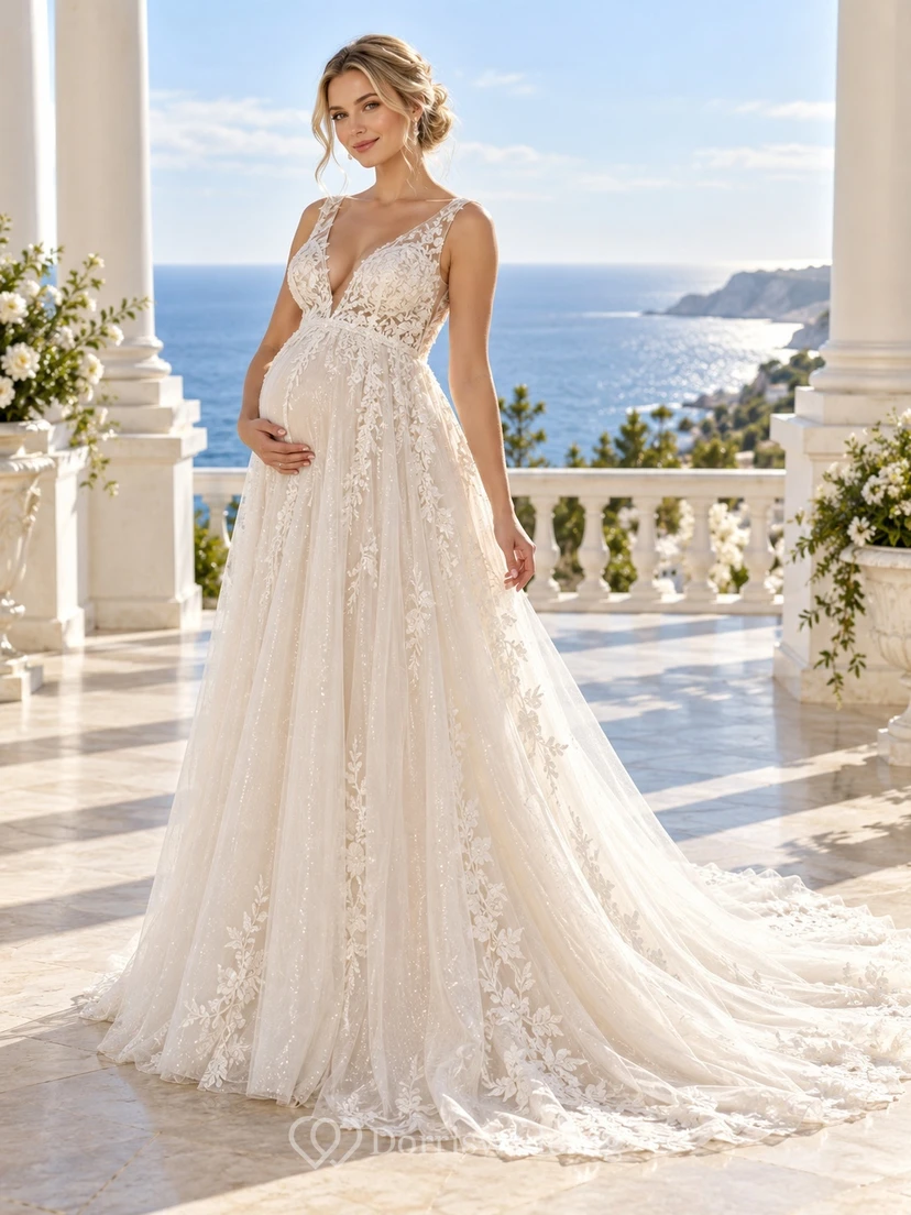 Maternity V-neck Sleeveless Floral Lace Tulle Empire Train Wedding Dress
