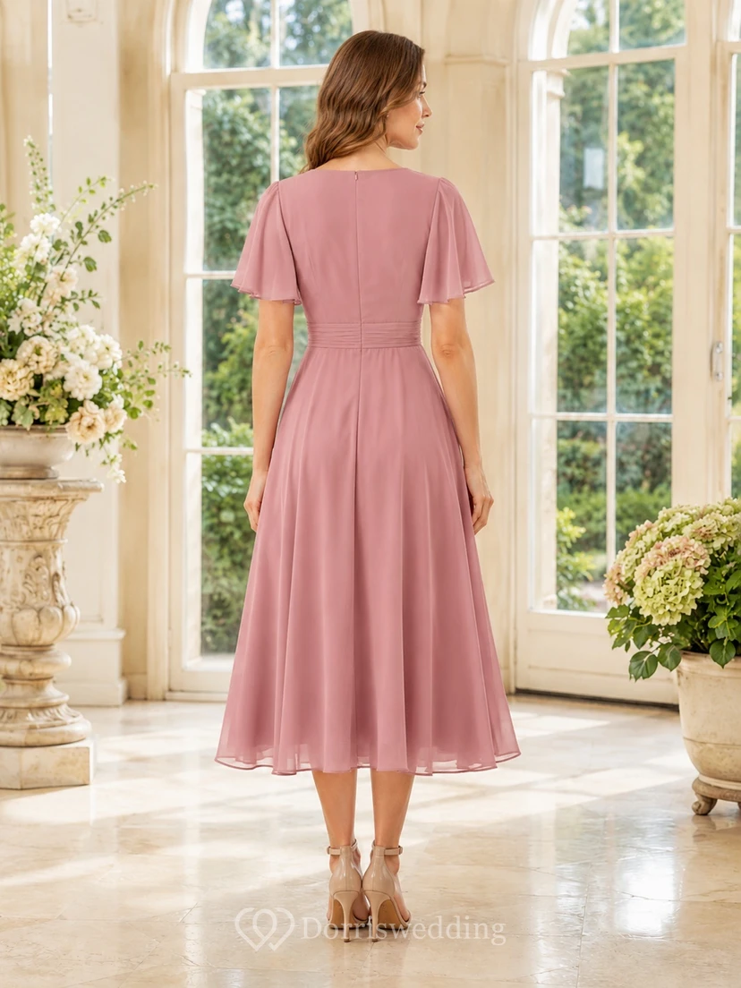 Romantisches Cocktailkleid aus altrosafarbenem Chiffon mit V-Ausschnitt, kurzen Ärmeln und Teelänge in A-Linie view 2