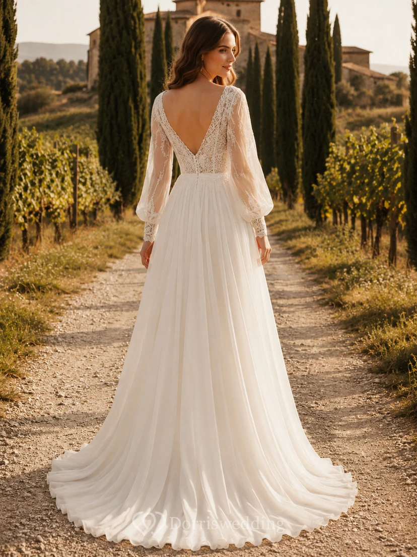 Boho-Hochzeitskleid aus Chiffon mit V-Ausschnitt und Bischofsärmeln im Weinberg-Stil view 2