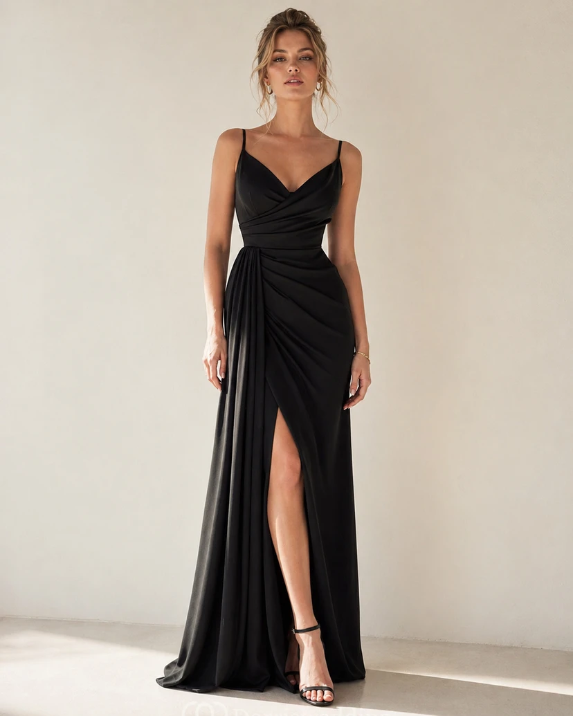 Casual V-neck Sheath Spaghetti Satin Floor-length Evening Dress with Ruching view 9