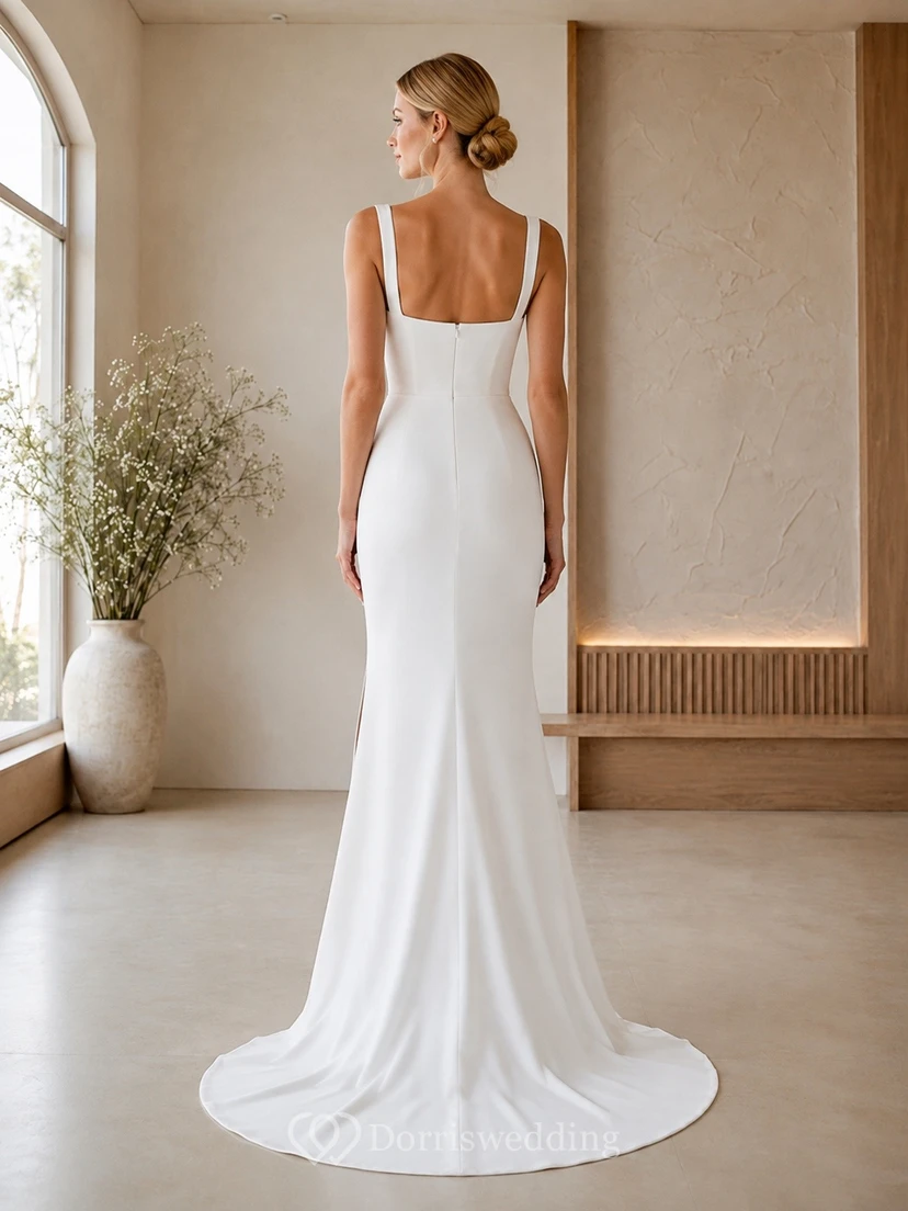 Vestido de novia de sirena con tirantes finos, escote cuadrado, abertura frontal y cola larga. view 2