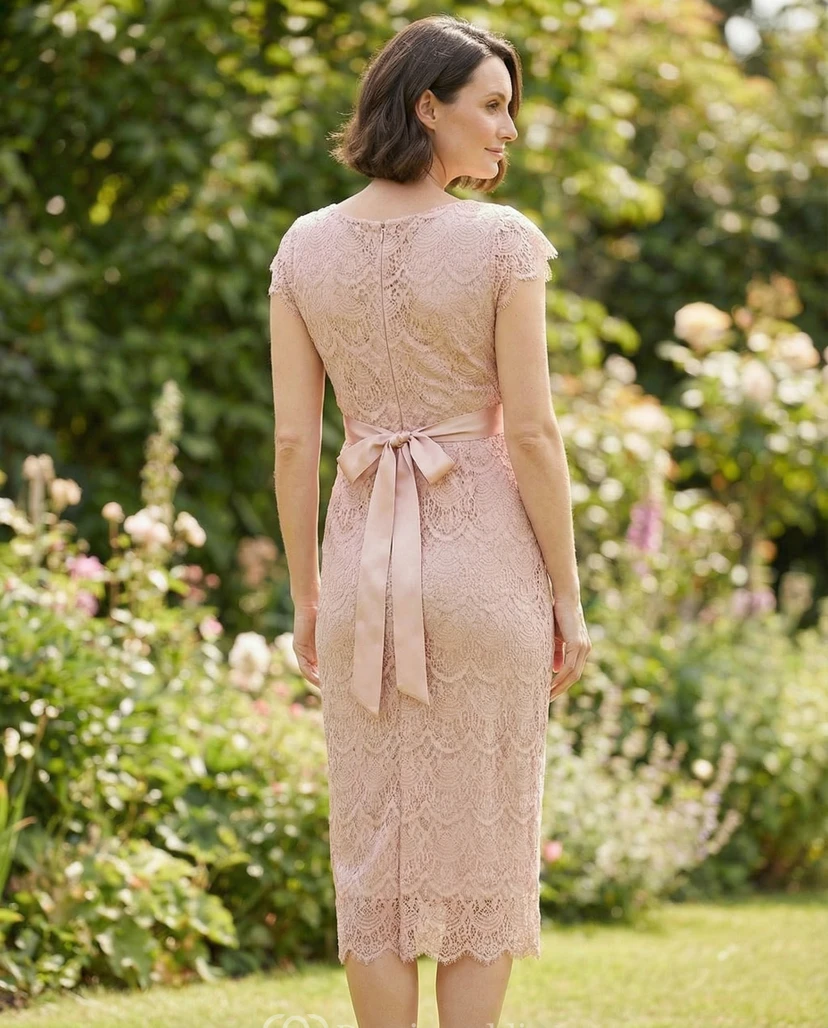 Blush Lace Maternity Dress with V-Neck, Cap Sleeves & Satin Waist Bow view 2